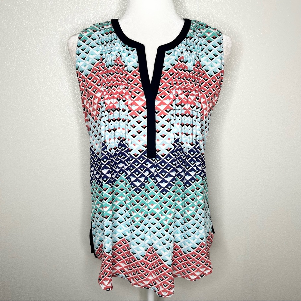 Dr2 By Daniel Rainn Womens Blue Geo Print Pleated Tank Top Knit Back Size S EUC
